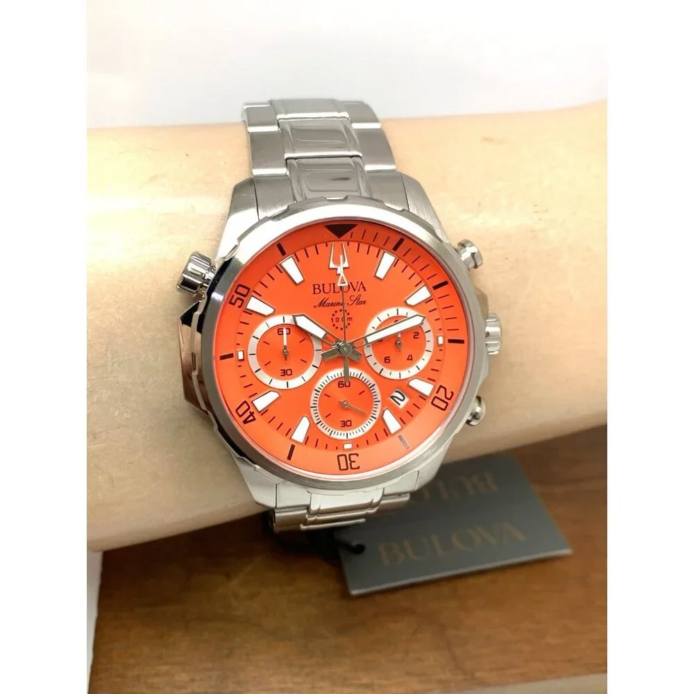 Bulova Men's Watch 96B395 Marine Star Orange Dial Chronograph Silver Steel 43mm